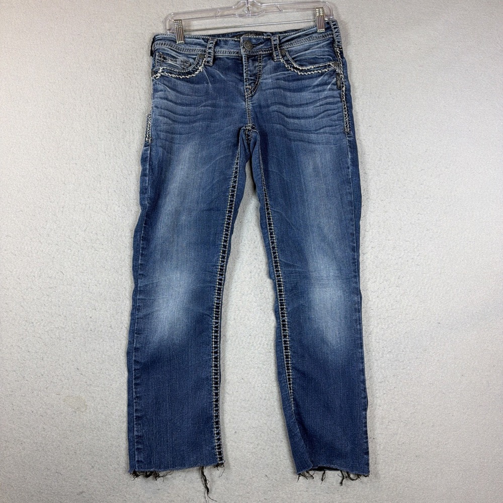 SILVER AIKO mid straight Cropped Jeans 28 Raw Hem Whiskering Women